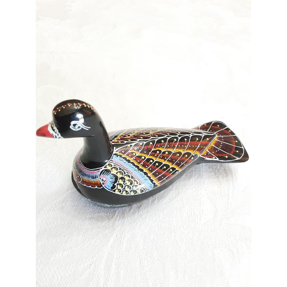 Vtg Black Lacquer Wooden Duck Trinket Box 4 inches Small Hand Made Multicolor